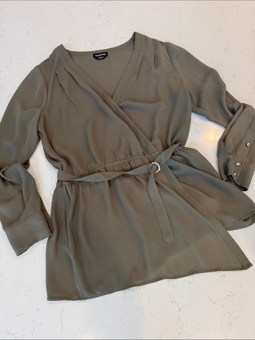 bebe Olive Wrap V-Neck Long Sleeve Blouse